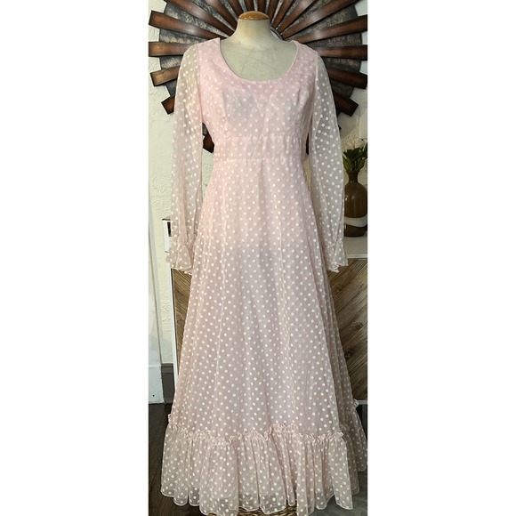 vintage jack Bryan sheer polka dot pink Prairie Maxi Dress Medium - Picture 3 of 9